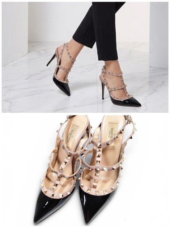 Valentino Shoes - Valentino Garavani Rockstud Pointed Toe Strappy Heels Black Beige Size 37
